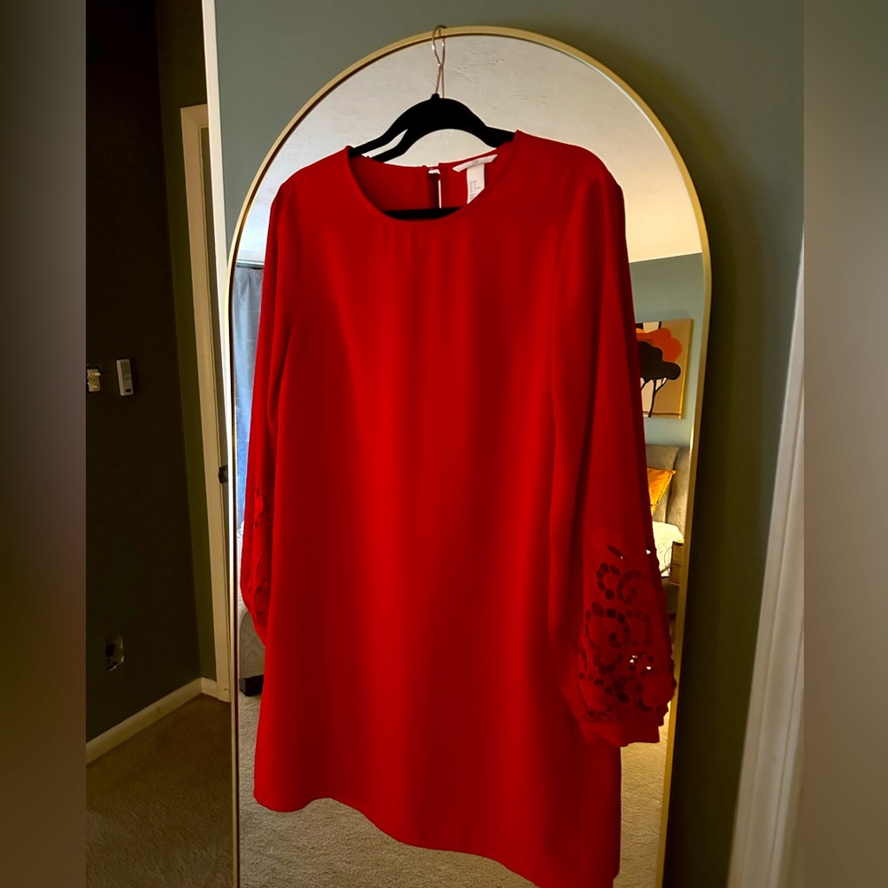 H&M Red Long Sleeve Mini Dress with cut out embroidered Sleeves